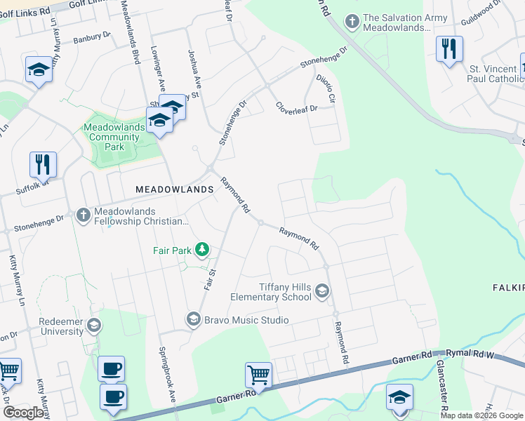 map of restaurants, bars, coffee shops, grocery stores, and more near 35 Raymond Road in Hamilton