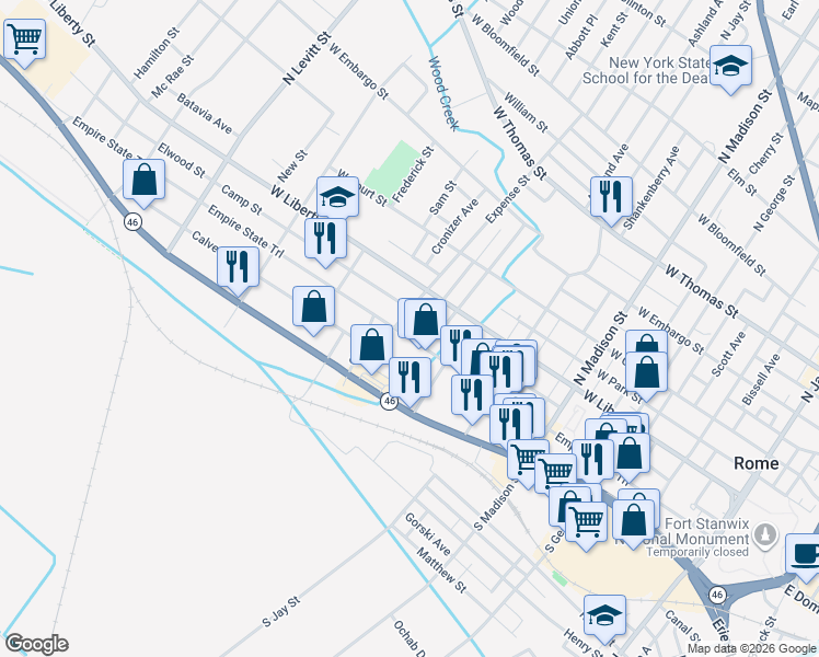 map of restaurants, bars, coffee shops, grocery stores, and more near 608 West Dominick Street in Rome