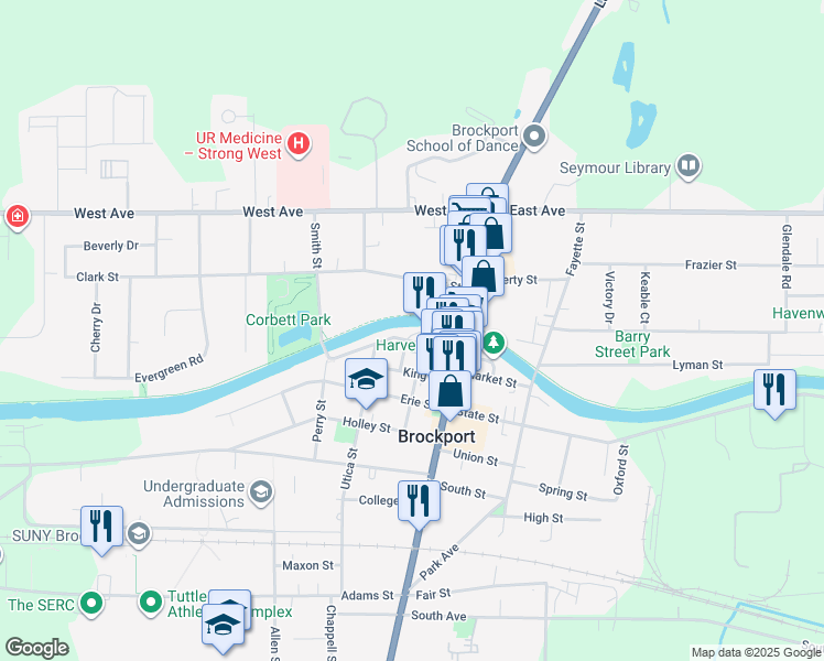 map of restaurants, bars, coffee shops, grocery stores, and more near 38 Merchant Street in Brockport