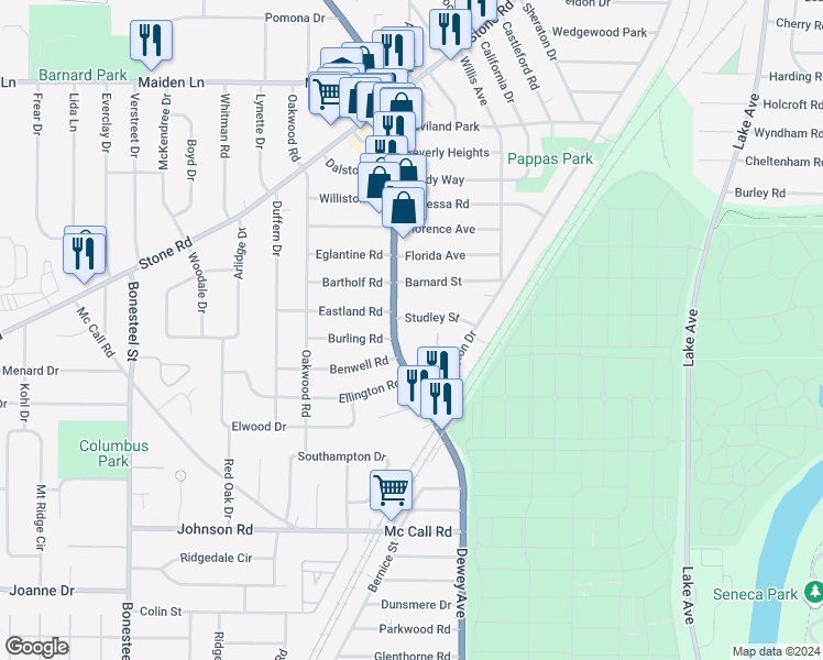 map of restaurants, bars, coffee shops, grocery stores, and more near 55 Bennington Drive in Rochester