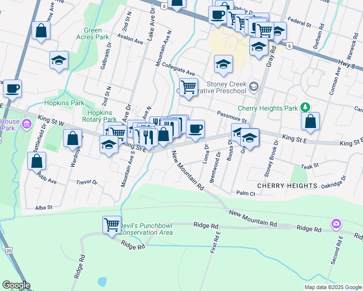 map of restaurants, bars, coffee shops, grocery stores, and more near 100 King Street East in Hamilton
