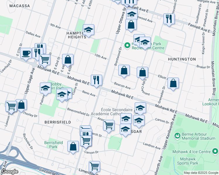 map of restaurants, bars, coffee shops, grocery stores, and more near in Hamilton
