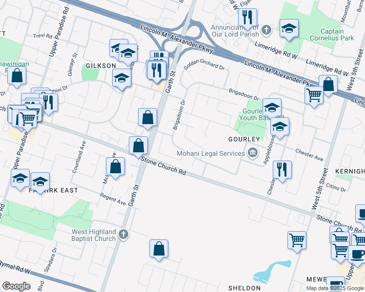 map of restaurants, bars, coffee shops, grocery stores, and more near 617 Brigadoon Drive in Hamilton