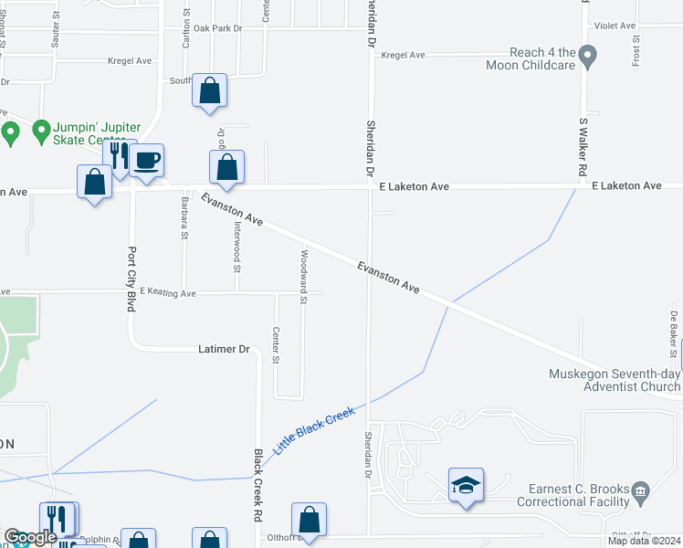 map of restaurants, bars, coffee shops, grocery stores, and more near 2357 Evanston Avenue in Muskegon