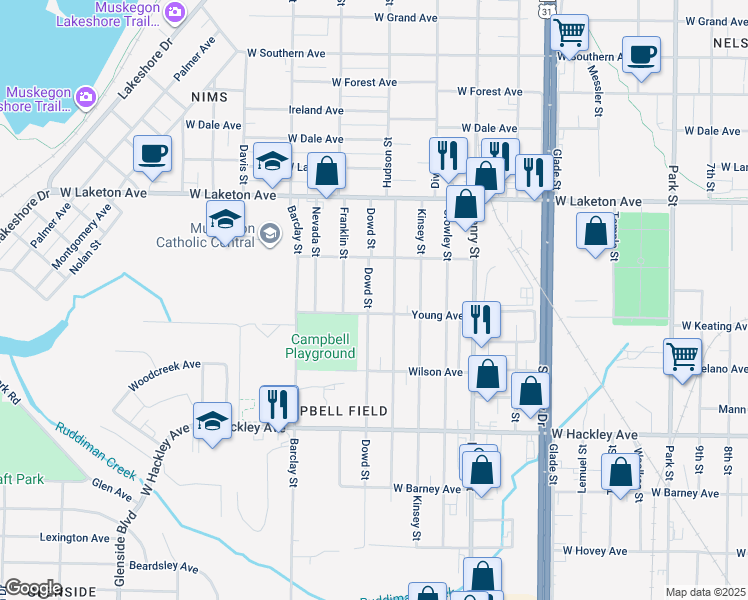 map of restaurants, bars, coffee shops, grocery stores, and more near 950 Young Avenue in Muskegon
