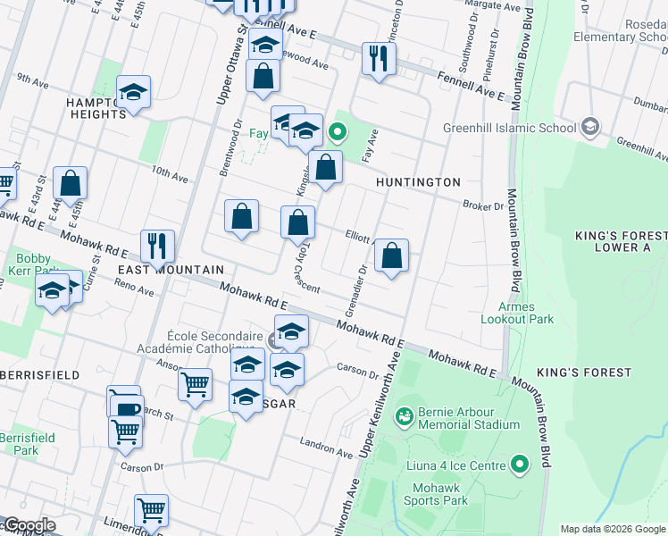 map of restaurants, bars, coffee shops, grocery stores, and more near 117 Wise Crescent in Hamilton