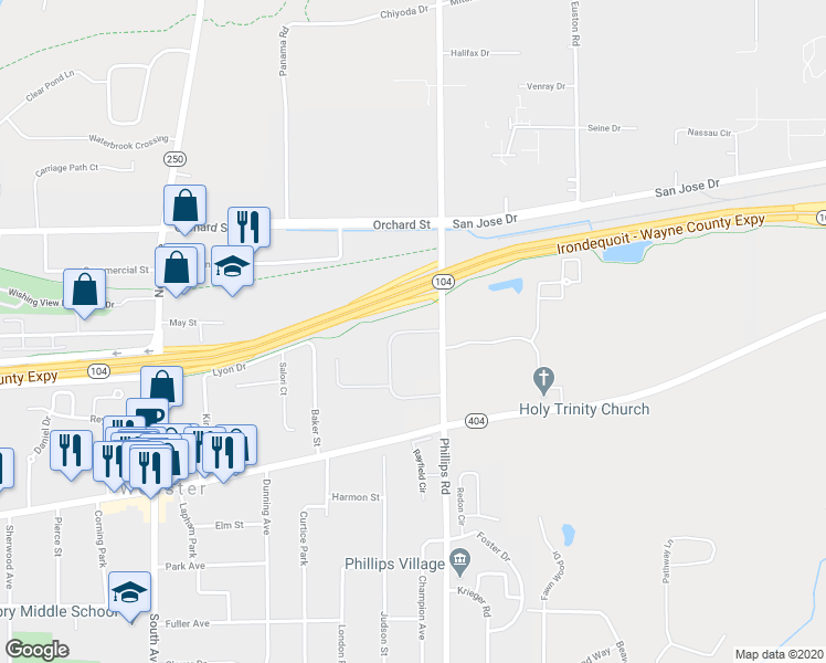 map of restaurants, bars, coffee shops, grocery stores, and more near 44 Country Manor Way in Webster