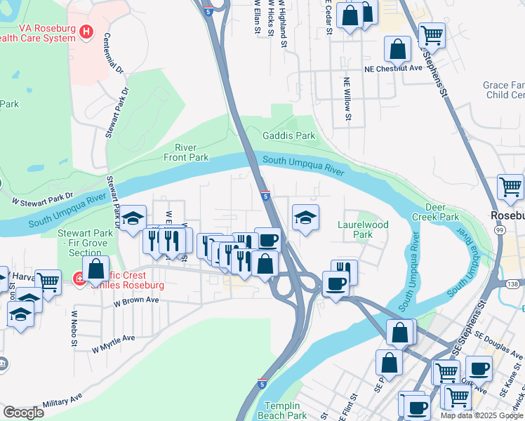 map of restaurants, bars, coffee shops, grocery stores, and more near 820 West Princeton Avenue in Roseburg