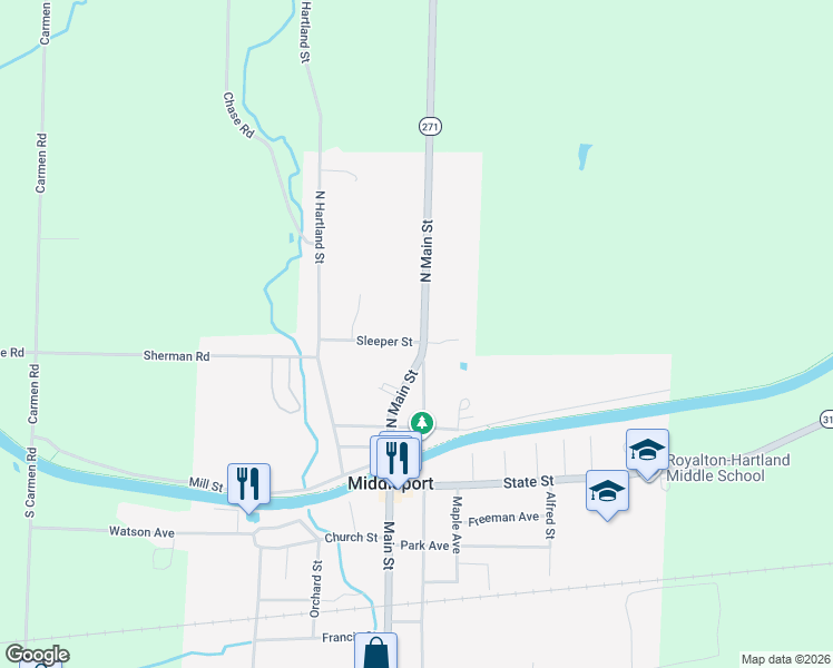 map of restaurants, bars, coffee shops, grocery stores, and more near 2 Sleeper Street in Middleport