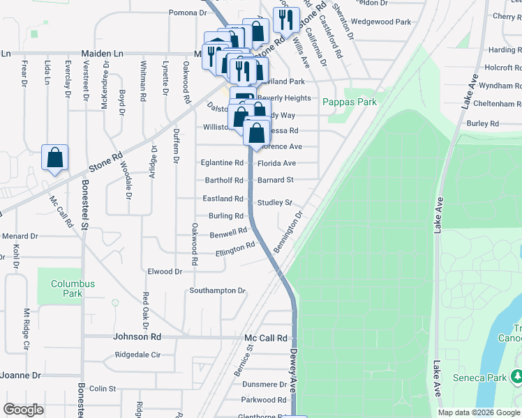 map of restaurants, bars, coffee shops, grocery stores, and more near 2610 Dewey Avenue in Rochester
