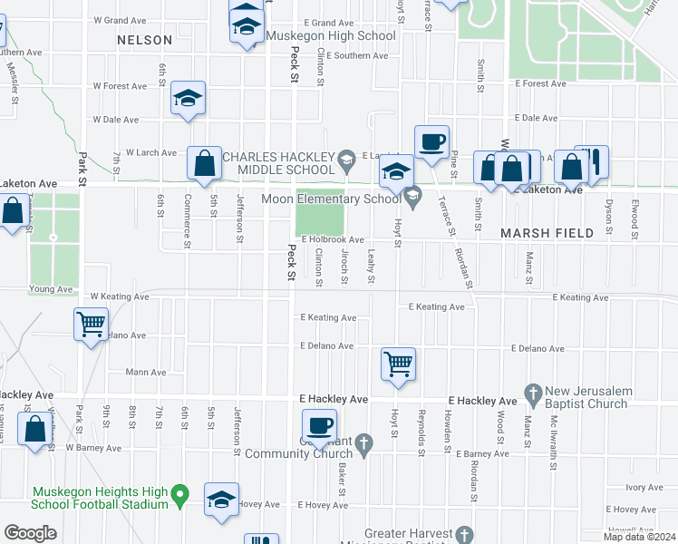 map of restaurants, bars, coffee shops, grocery stores, and more near 1961 Jiroch Street in Muskegon