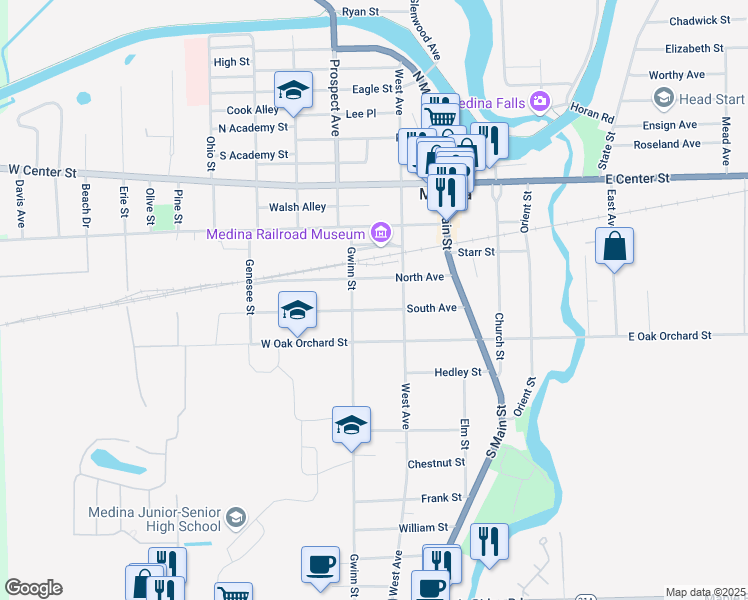 map of restaurants, bars, coffee shops, grocery stores, and more near 218 South Avenue in Medina