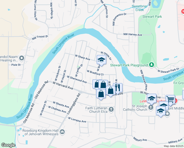 map of restaurants, bars, coffee shops, grocery stores, and more near 2733 West Bradford Court in Roseburg