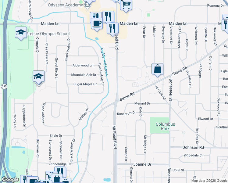map of restaurants, bars, coffee shops, grocery stores, and more near 3225 Mount Read Boulevard in Rochester