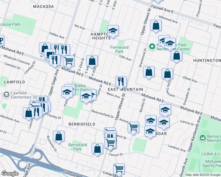 map of restaurants, bars, coffee shops, grocery stores, and more near 107 Reno Avenue in Hamilton