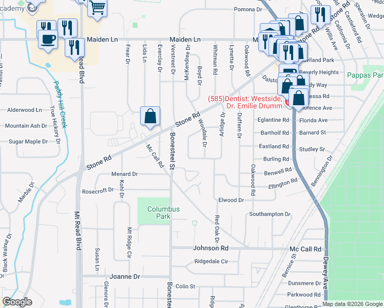 map of restaurants, bars, coffee shops, grocery stores, and more near 162 El Rancho Drive in Rochester