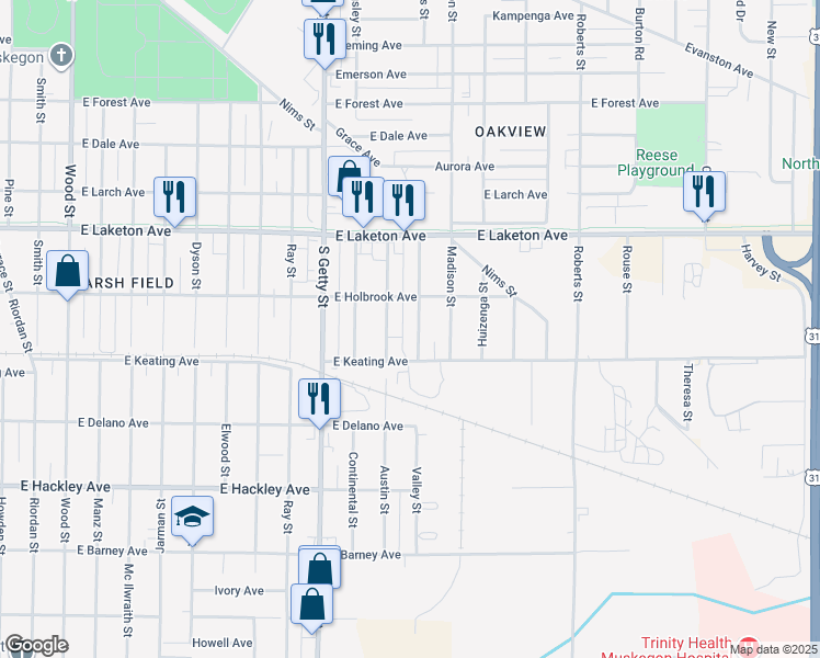 map of restaurants, bars, coffee shops, grocery stores, and more near 1962 Austin Street in Muskegon