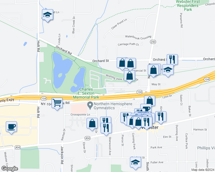 map of restaurants, bars, coffee shops, grocery stores, and more near 127 Kittleberger Park in Webster