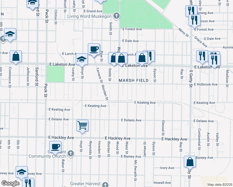 map of restaurants, bars, coffee shops, grocery stores, and more near 1961 Wood Street in Muskegon