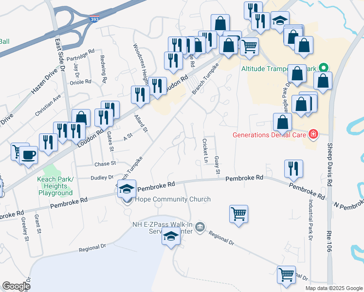 map of restaurants, bars, coffee shops, grocery stores, and more near 58 Branch Turnpike in Concord