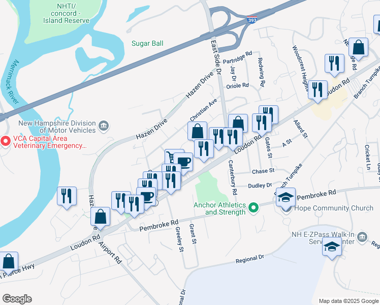 map of restaurants, bars, coffee shops, grocery stores, and more near 21 Burns Avenue in Concord