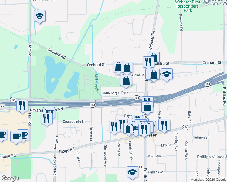map of restaurants, bars, coffee shops, grocery stores, and more near 110 Kittleberger Park in Webster