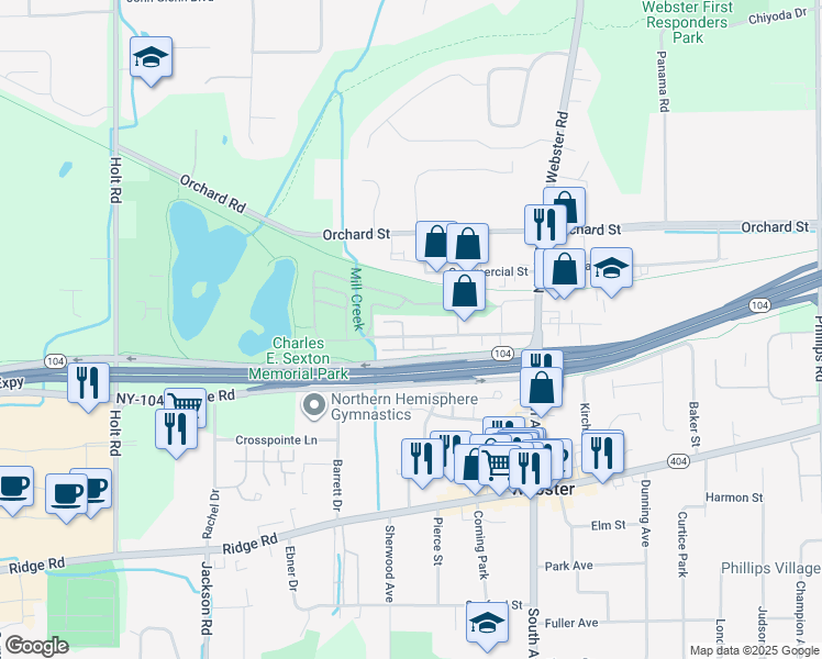 map of restaurants, bars, coffee shops, grocery stores, and more near 110 Kittleberger Park in Webster