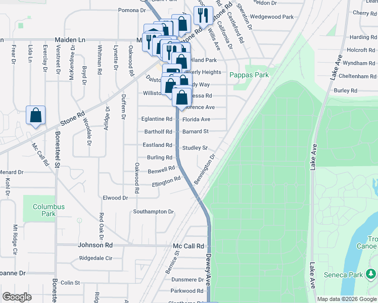 map of restaurants, bars, coffee shops, grocery stores, and more near 55 Bennington Drive in Rochester
