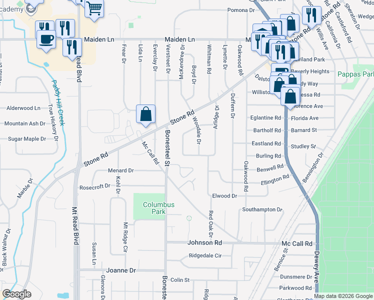 map of restaurants, bars, coffee shops, grocery stores, and more near 162 El Rancho Drive in Rochester