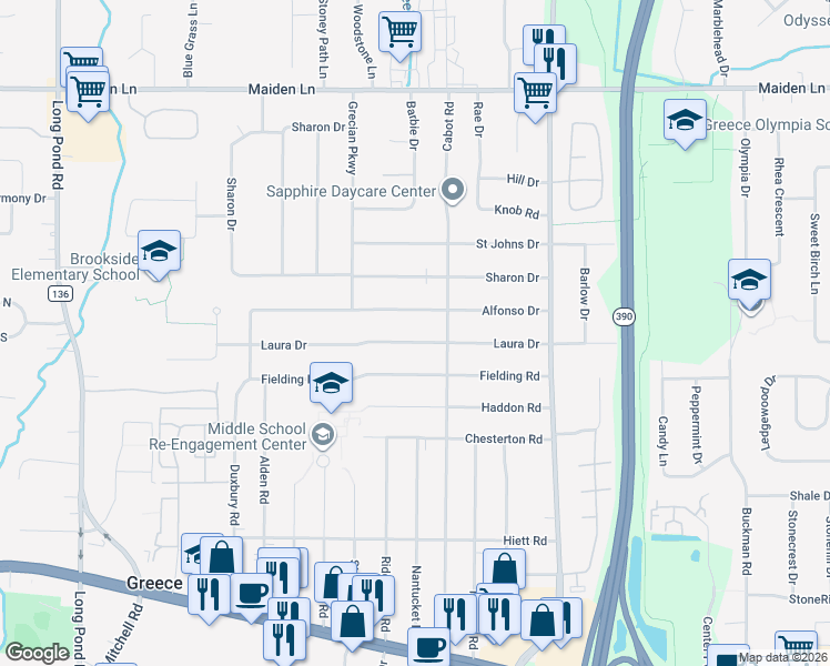 map of restaurants, bars, coffee shops, grocery stores, and more near 205 Laura Drive in Rochester