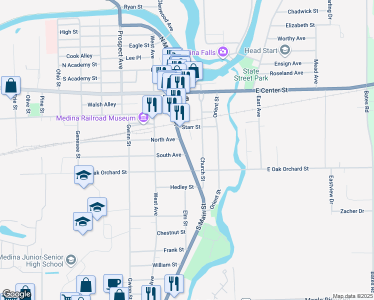 map of restaurants, bars, coffee shops, grocery stores, and more near 805-807 South Main Street in Medina