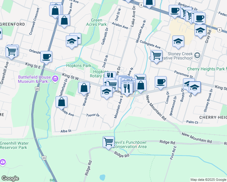 map of restaurants, bars, coffee shops, grocery stores, and more near 2 King Street East in Hamilton