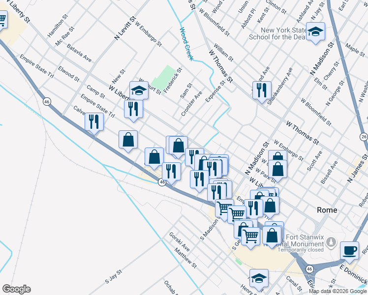 map of restaurants, bars, coffee shops, grocery stores, and more near 100 Kossuth Street in Rome