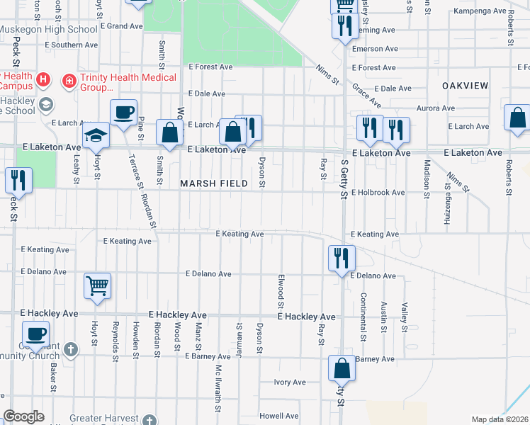 map of restaurants, bars, coffee shops, grocery stores, and more near 1968 Dyson Street in Muskegon