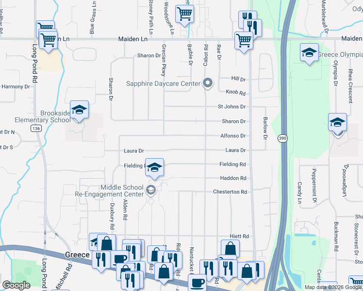 map of restaurants, bars, coffee shops, grocery stores, and more near 205 Laura Drive in Rochester