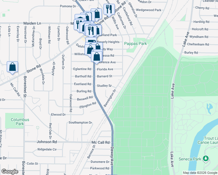 map of restaurants, bars, coffee shops, grocery stores, and more near 115 Bennington Drive in Rochester