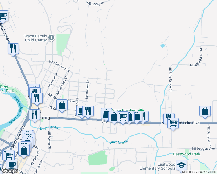 map of restaurants, bars, coffee shops, grocery stores, and more near 2123 Northeast Klamath Avenue in Roseburg