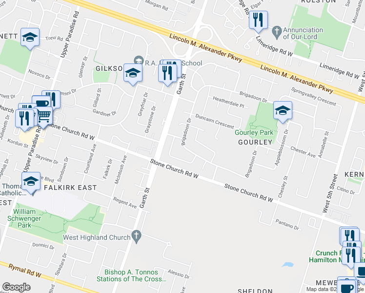 map of restaurants, bars, coffee shops, grocery stores, and more near 586 Brigadoon Drive in Hamilton