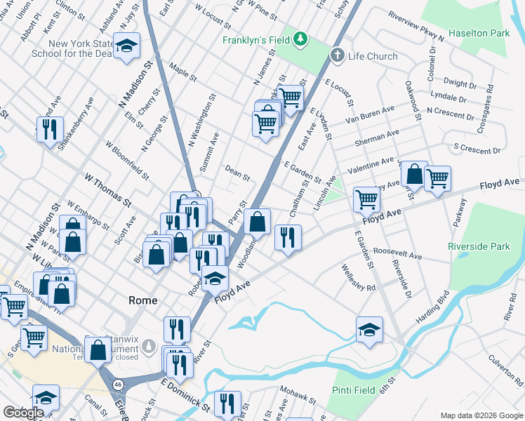 map of restaurants, bars, coffee shops, grocery stores, and more near 623 Woodland Avenue in Rome