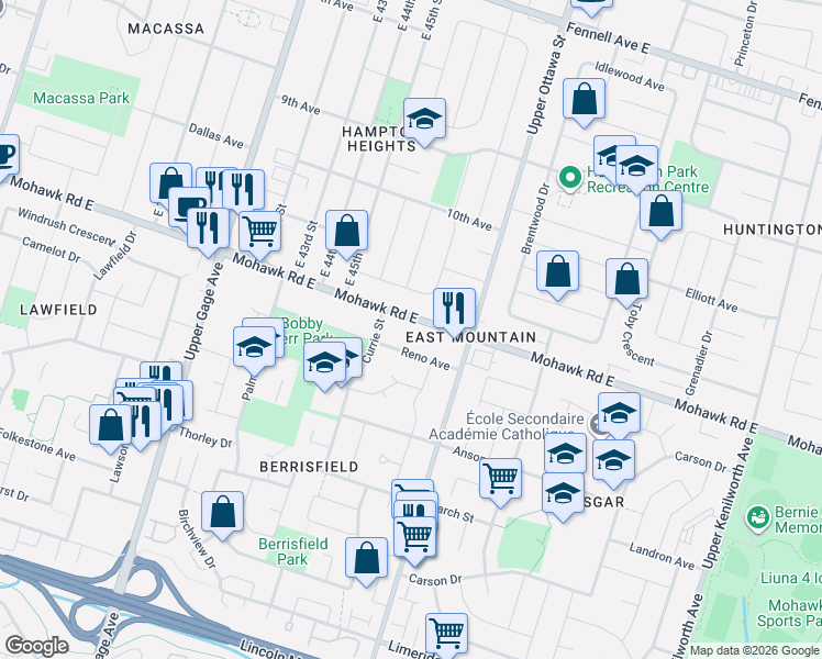 map of restaurants, bars, coffee shops, grocery stores, and more near 830 Mohawk Road East in Hamilton