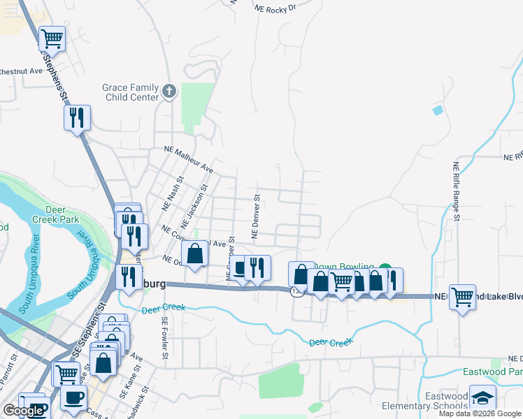 map of restaurants, bars, coffee shops, grocery stores, and more near 651 Northeast Denver Street in Roseburg