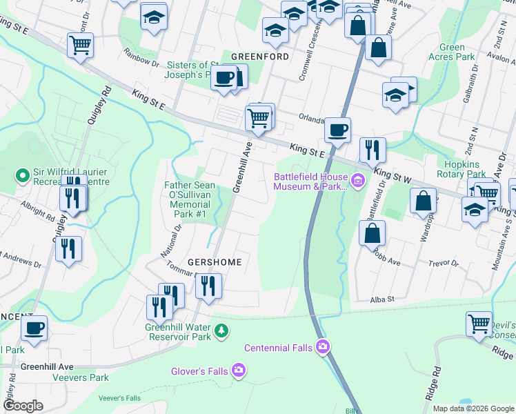map of restaurants, bars, coffee shops, grocery stores, and more near 23 Pavarotti Court in Hamilton