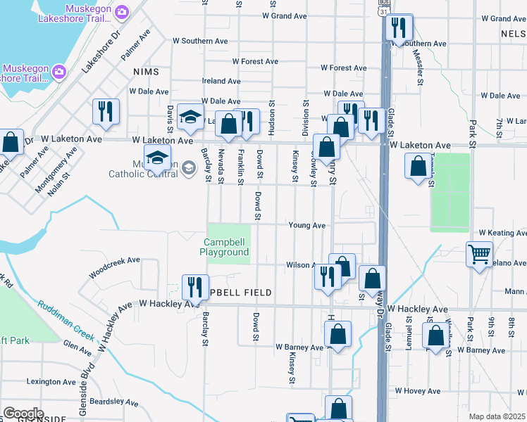 map of restaurants, bars, coffee shops, grocery stores, and more near 950 Young Avenue in Muskegon