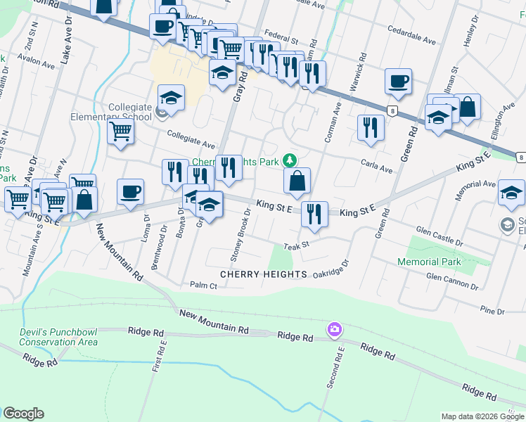 map of restaurants, bars, coffee shops, grocery stores, and more near 11 Vanderwood Court in Hamilton