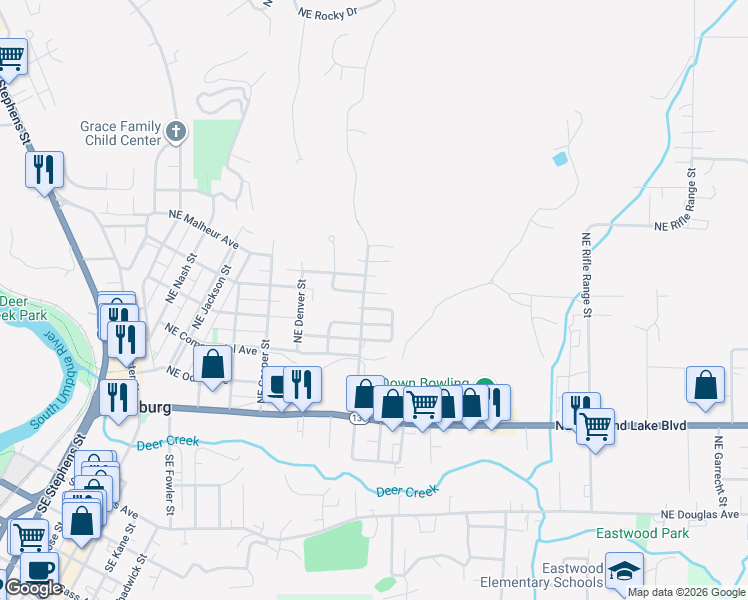map of restaurants, bars, coffee shops, grocery stores, and more near 637 Northeast Fulton Street in Roseburg