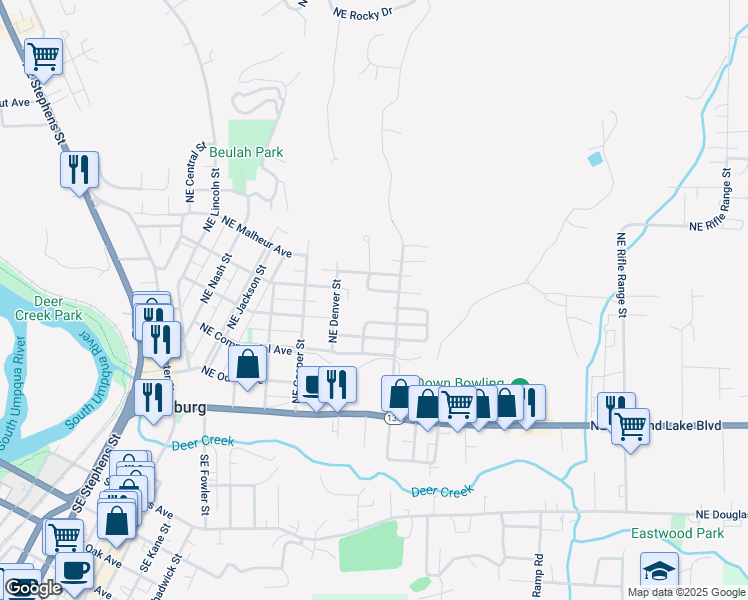 map of restaurants, bars, coffee shops, grocery stores, and more near 2020 Northeast Freemont Avenue in Roseburg