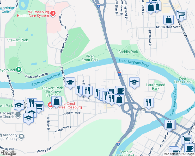 map of restaurants, bars, coffee shops, grocery stores, and more near 458 West Umpqua Street in Roseburg