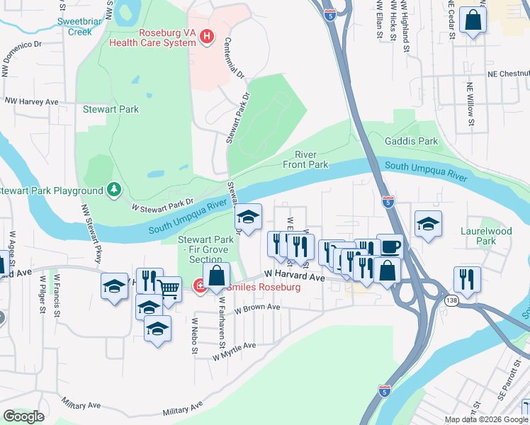 map of restaurants, bars, coffee shops, grocery stores, and more near 462 West Ballf Street in Roseburg