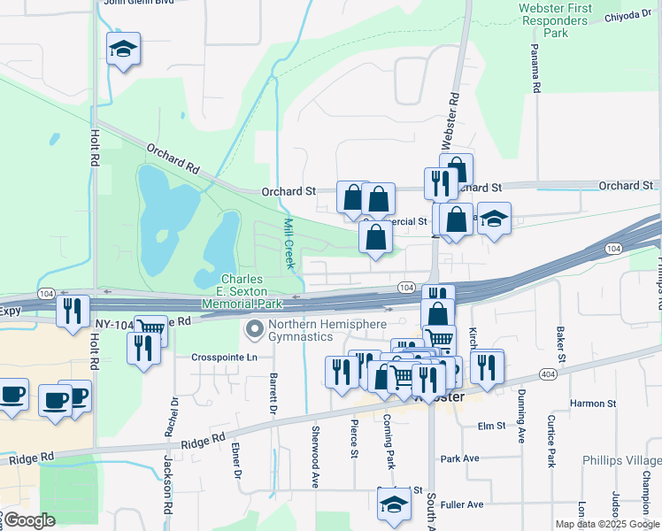 map of restaurants, bars, coffee shops, grocery stores, and more near 110 Kittleberger Park in Webster
