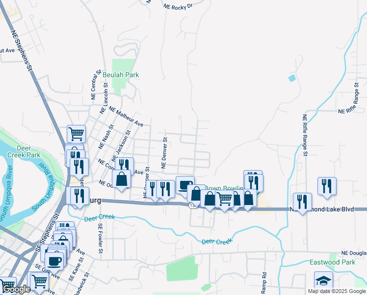 map of restaurants, bars, coffee shops, grocery stores, and more near 2020 Northeast Freemont Avenue in Roseburg